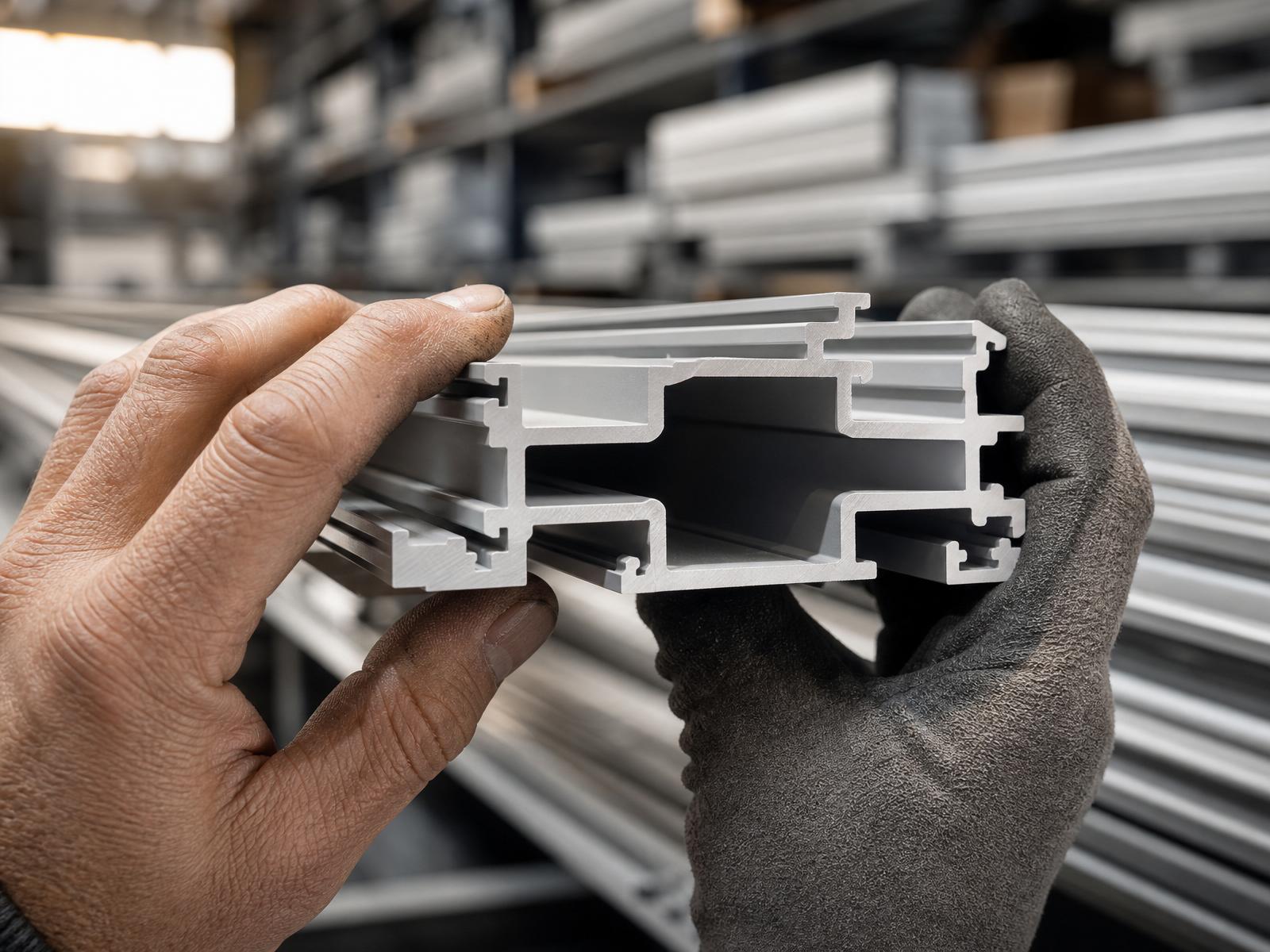 Manos de un especialista inspeccionando un perfil arquitectónico de aluminio anodizado — símbolo de la misión de ALUMINTE