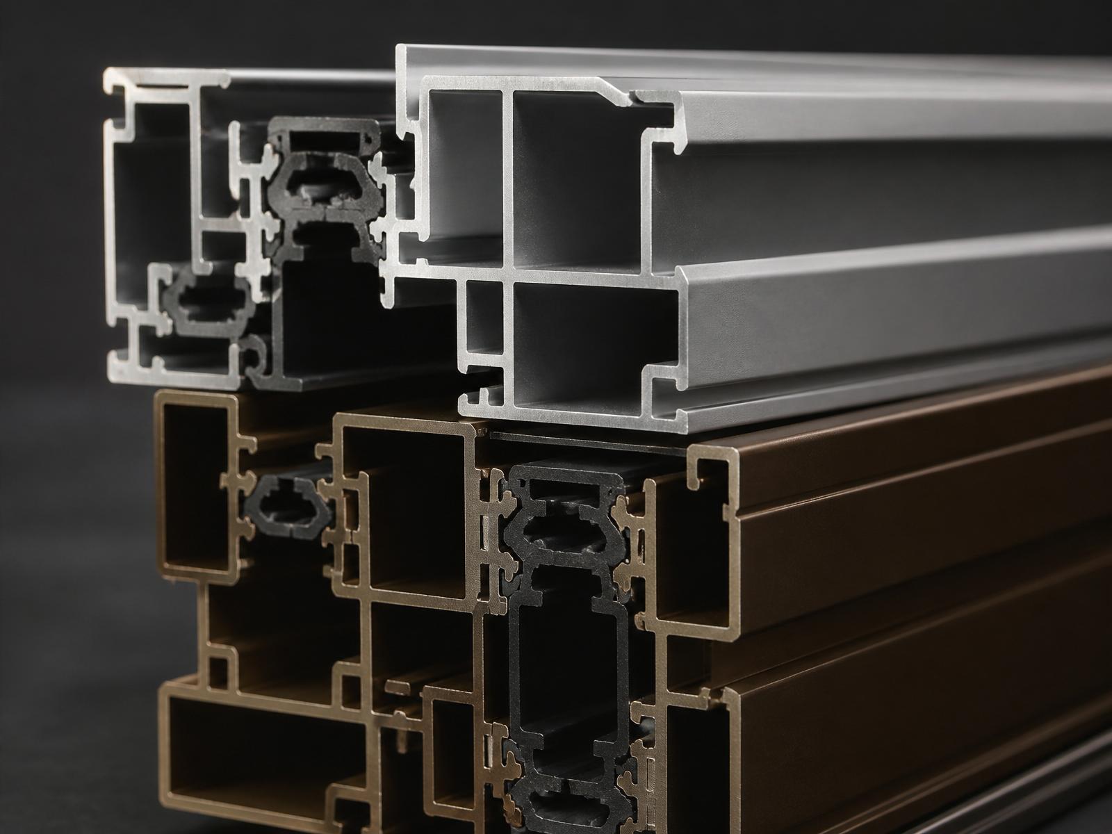 Perfiles arquitectónicos de aluminio para cancelería — secciones anodizadas natural y bronce con cámaras y ruptura de puente térmico